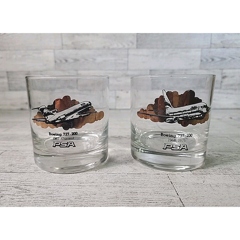 2 Vintage Boeing Lowball Aviation Glasses Airplane Aircraft Bar Cups 727 737 PSA